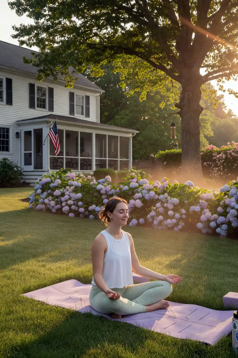 Amy Kinlaw seated on her yoga mat in a peaceful New England backyard garden with hydrangeas and oak trees in early morning mist