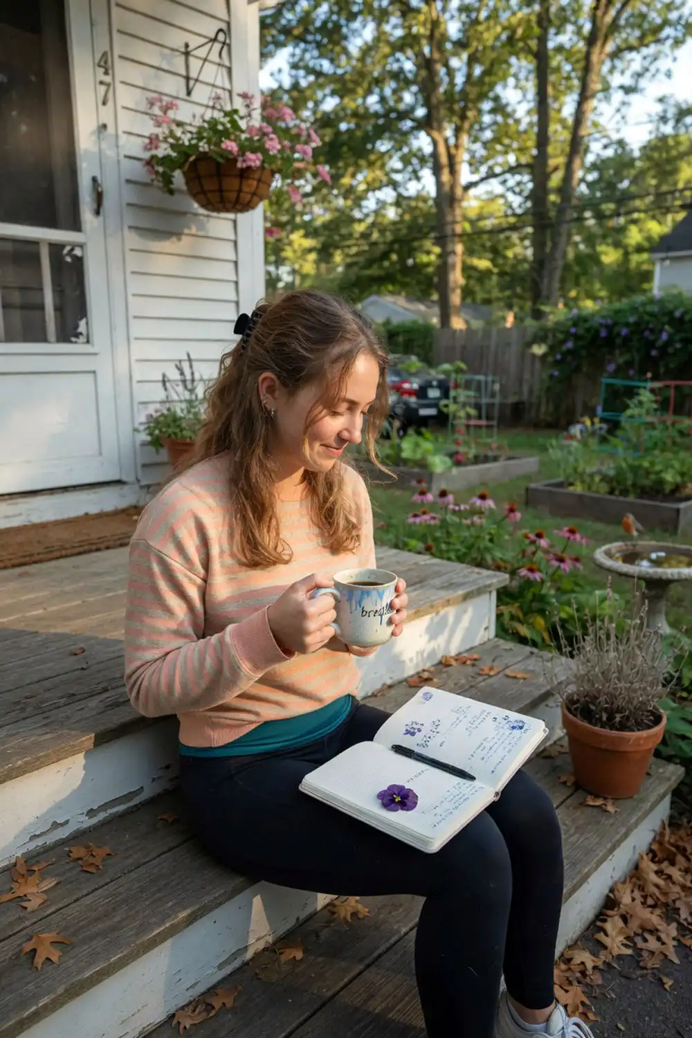 Amy Kinlaw sipping morning coffee and writing in her journal on the back porch steps of her Cheshire CT home