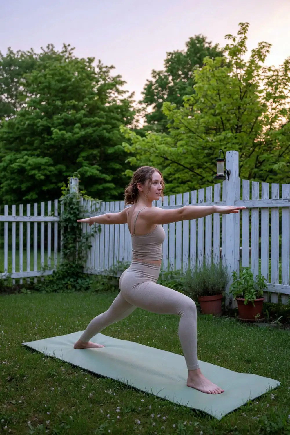 Amy Kinlaw practicing warrior pose during her morning yoga routine in her Cheshire CT backyard at sunrise